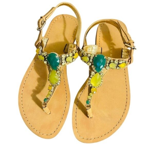 Ivanka Trump Jeweled Sandals 7.5 NWOT Green Gem T-Strap Resort Flat Shoe - Picture 1 of 12